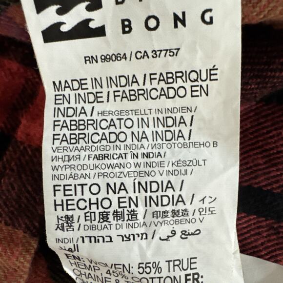 Billabong Adventure Division Red Hemp Flannel Shirt Button Down Men's Medium - Picture 6 of 7